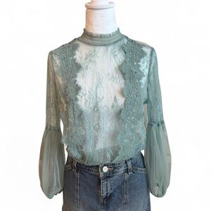 Green Sheer Blouse with 3/4 Bishop Sleeves and Mandarin Collar